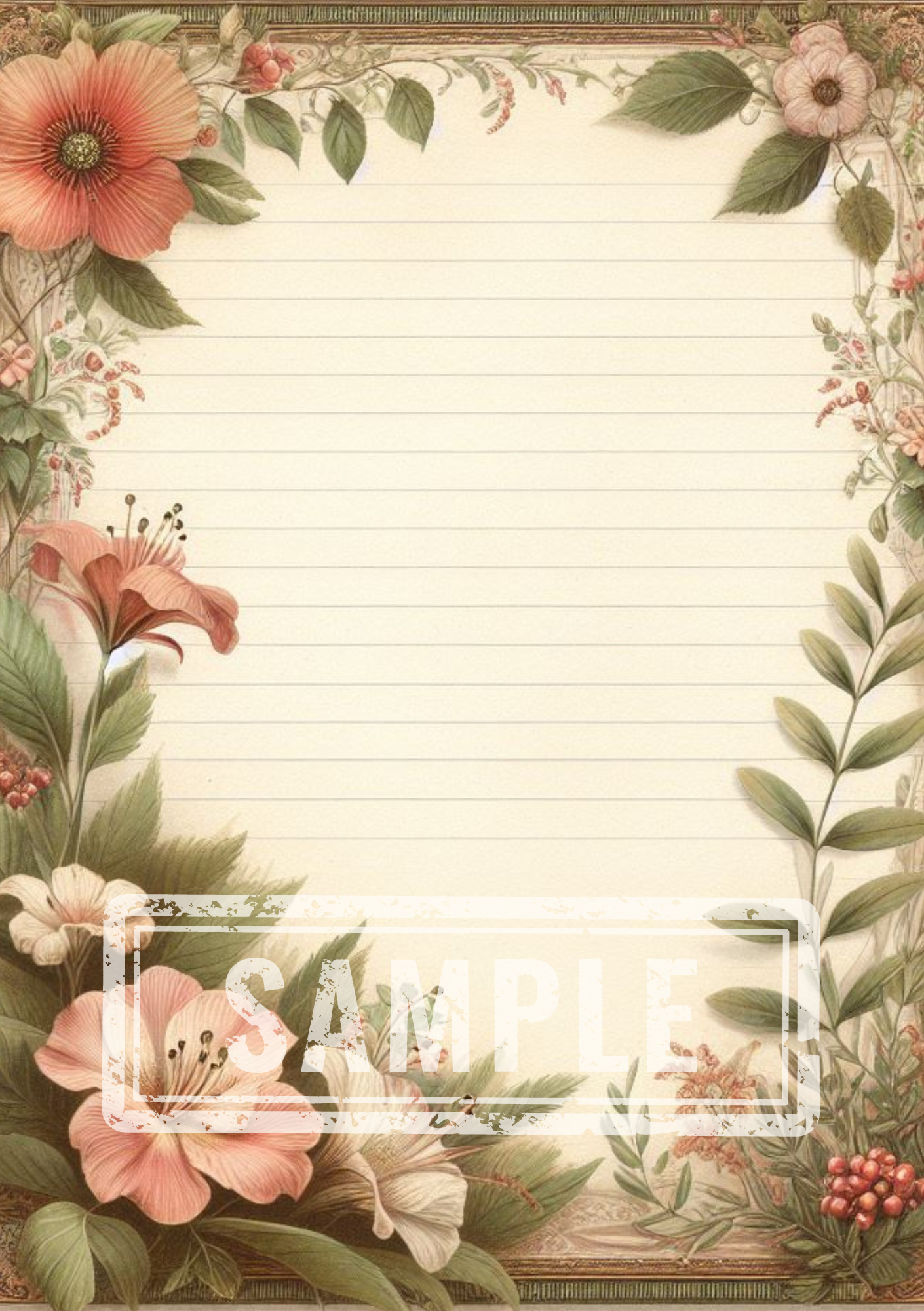 DIGITAL Vintage Botanical Printable A5 Lined Notepaper BND0001