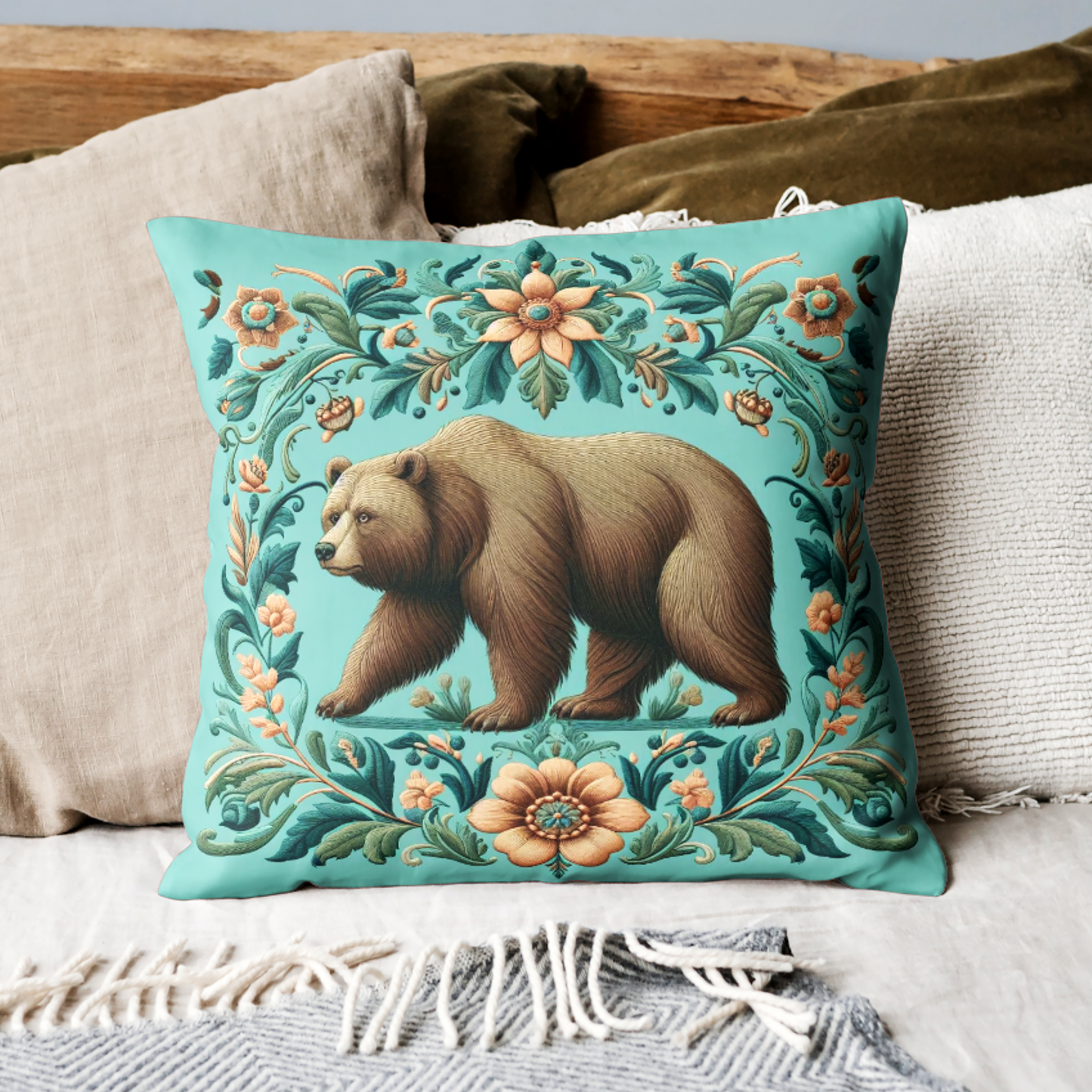 Floral Brown Bear Turquoise Vintage Throw Pillow Maximalist Style Polyester Cover Decorative Cushion Square 