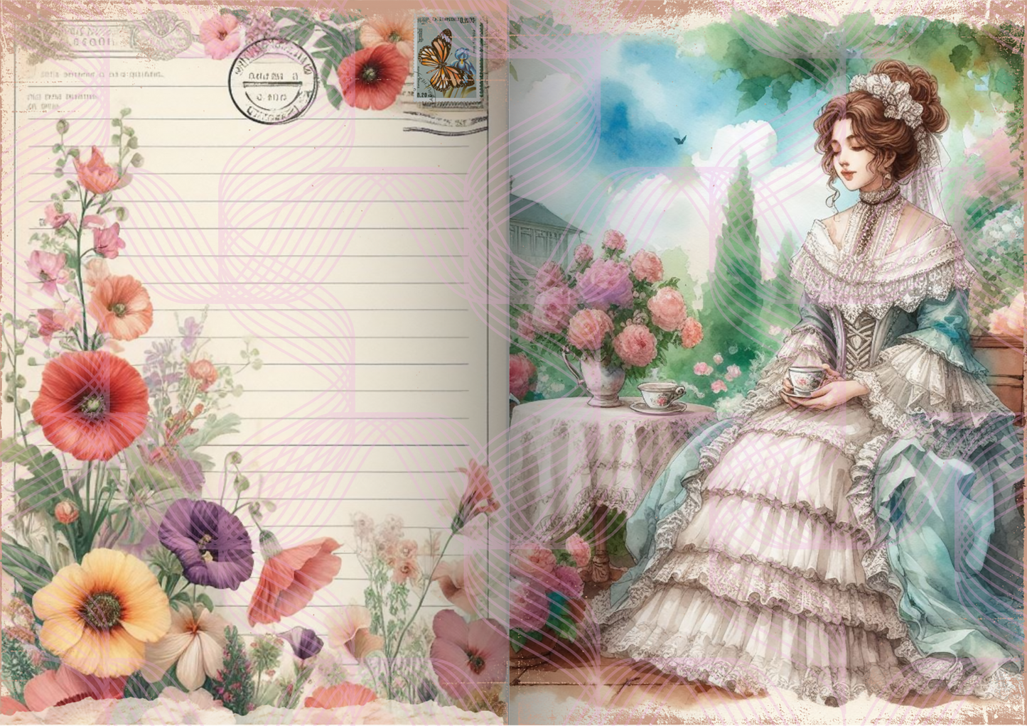 Digital Printable Victorian Lady Floral Note Paper Ephemera Garden Junk Journal Page Downloadable A4 Sheet Creative Journaling Scrapbooking Art 