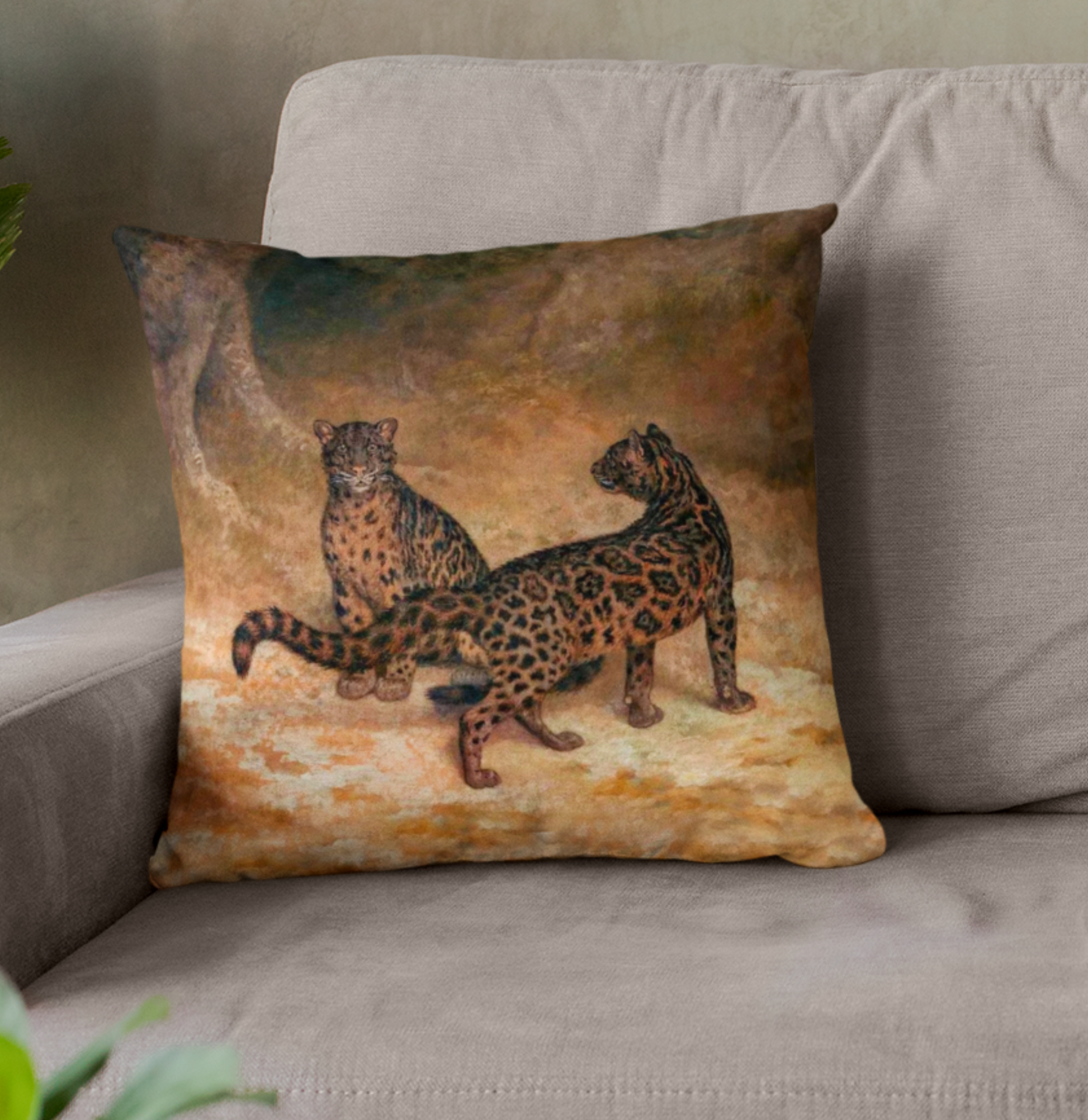 Vintage Leopards Illustration Art Throw Pillow 100% Cotton Cushion Cover