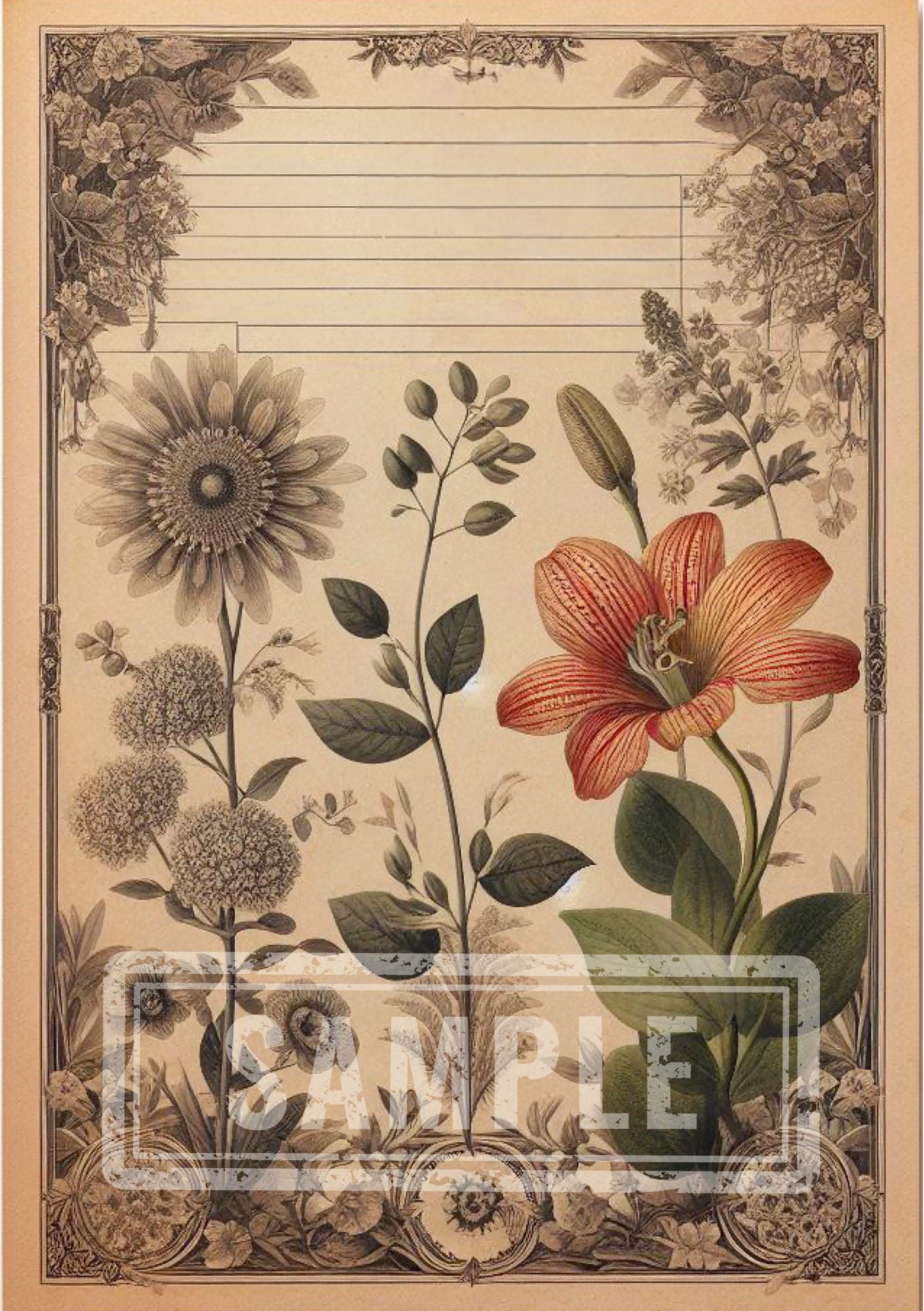 DIGITAL Vintage Botanical Printable A5 Lined Notepaper BND0001