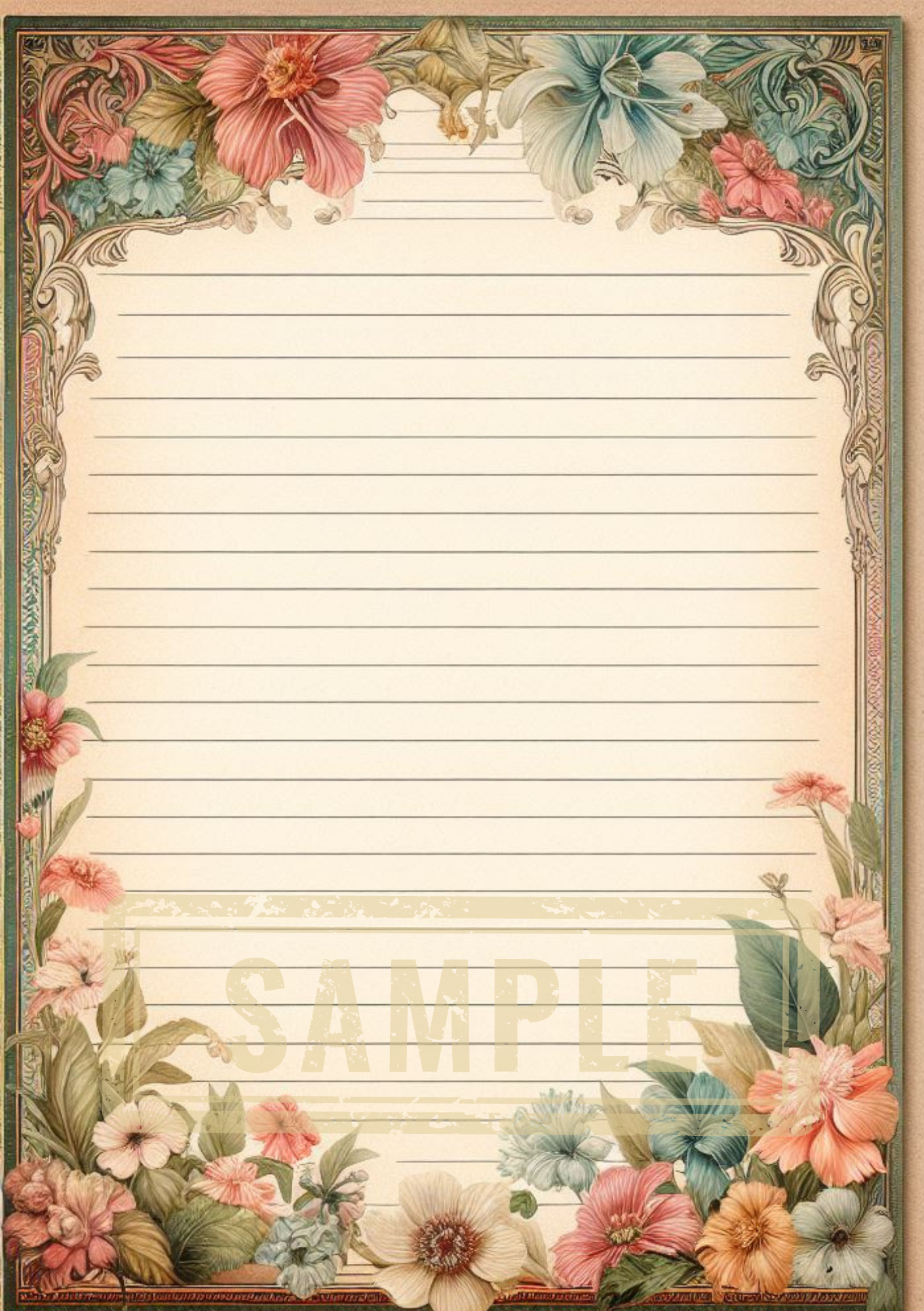 DIGITAL Vintage Botanical Printable A5 Lined Notepaper BND0001