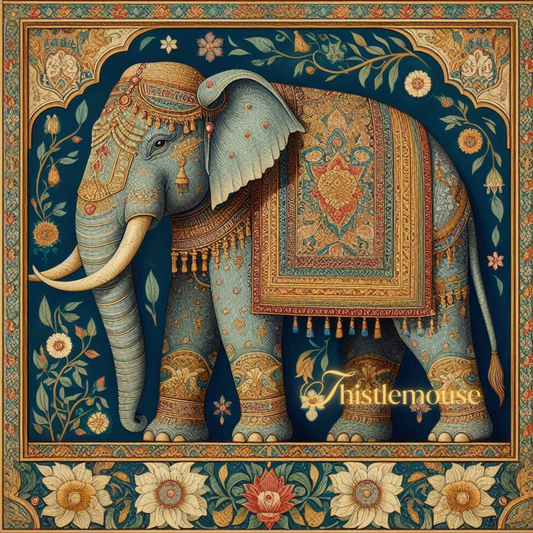 Printable Floral Gold Elephant Vintage Mughal Miniature Indian Folk Painting Aesthetic Wall Art Digital Poster - PWA0002