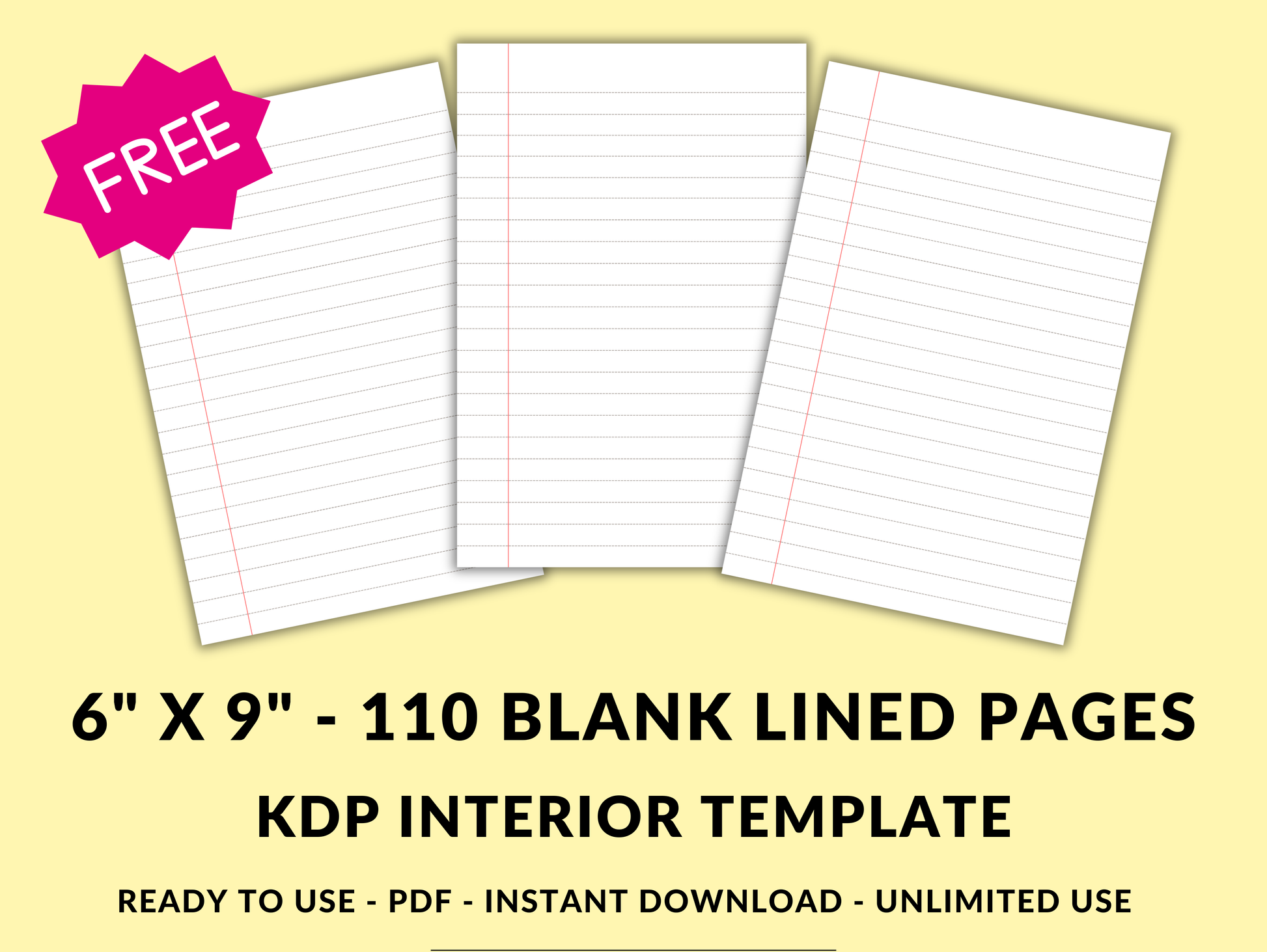 FREE Amazon KDP Blank Lined Journal Interior Template 6" x 9" Digital Download Paper 110 Notebook Pages