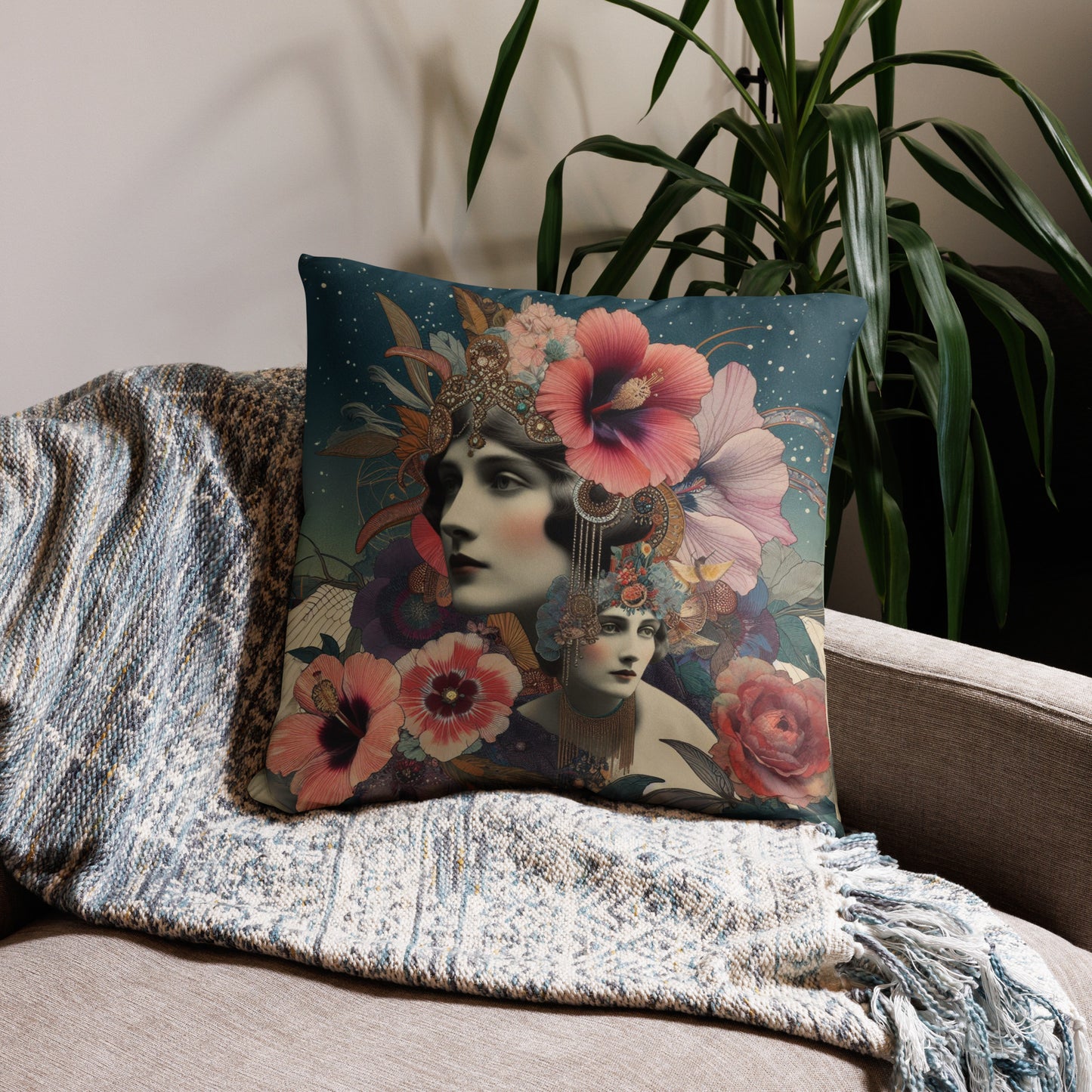 Jeweled Hibiscus Vintage Collage Pillow