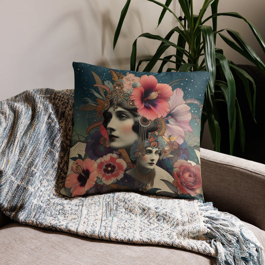 Jeweled Hibiscus Vintage Photo Floral Collage Art Throw Pillow Polyester Decorative Botanical Maximalist Cushion Square Cover